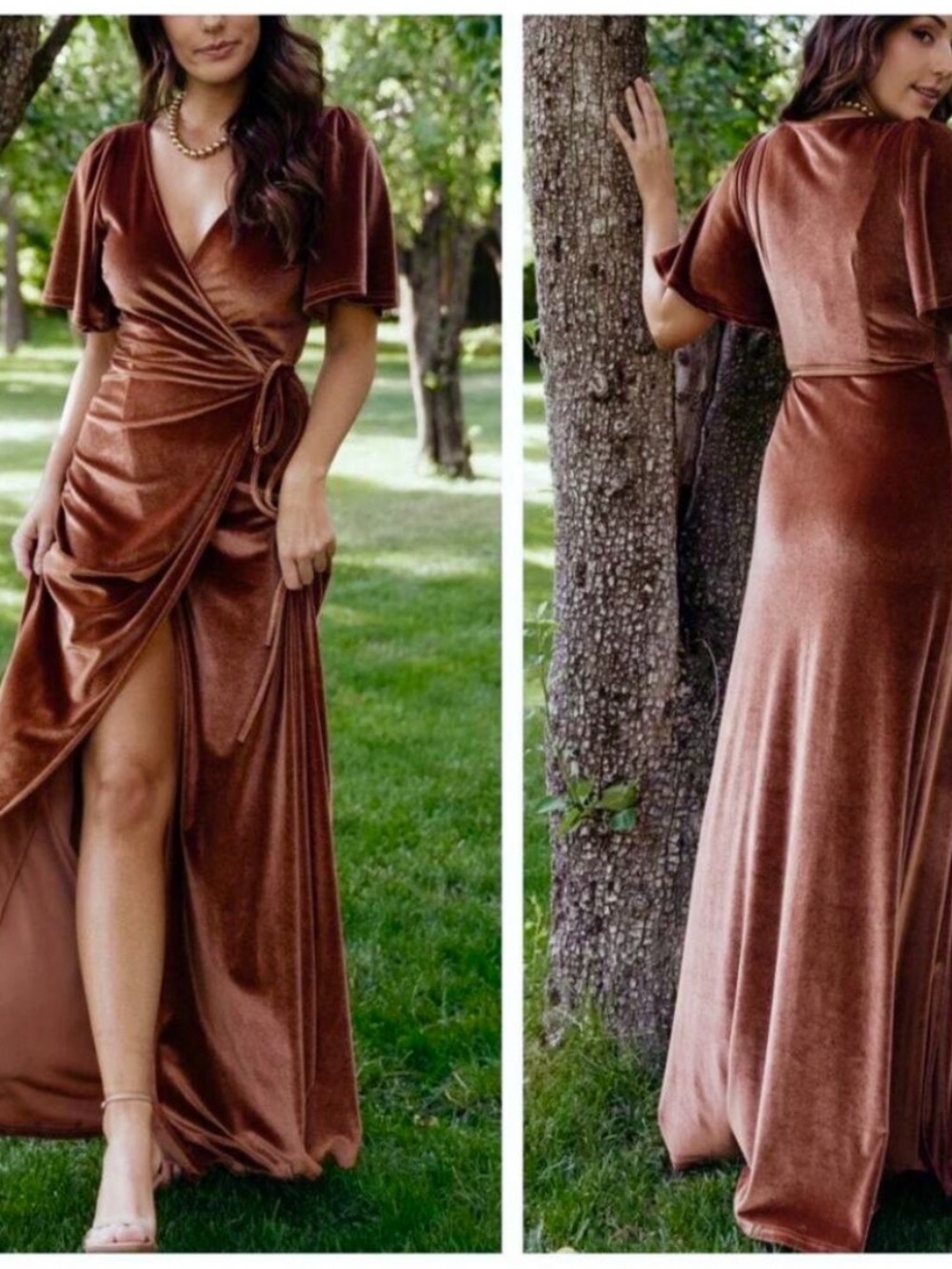 Baltic Born Meghan Velvet Wrap Maxi Dress Spice Bronze Flutter Sleeve Size Small
